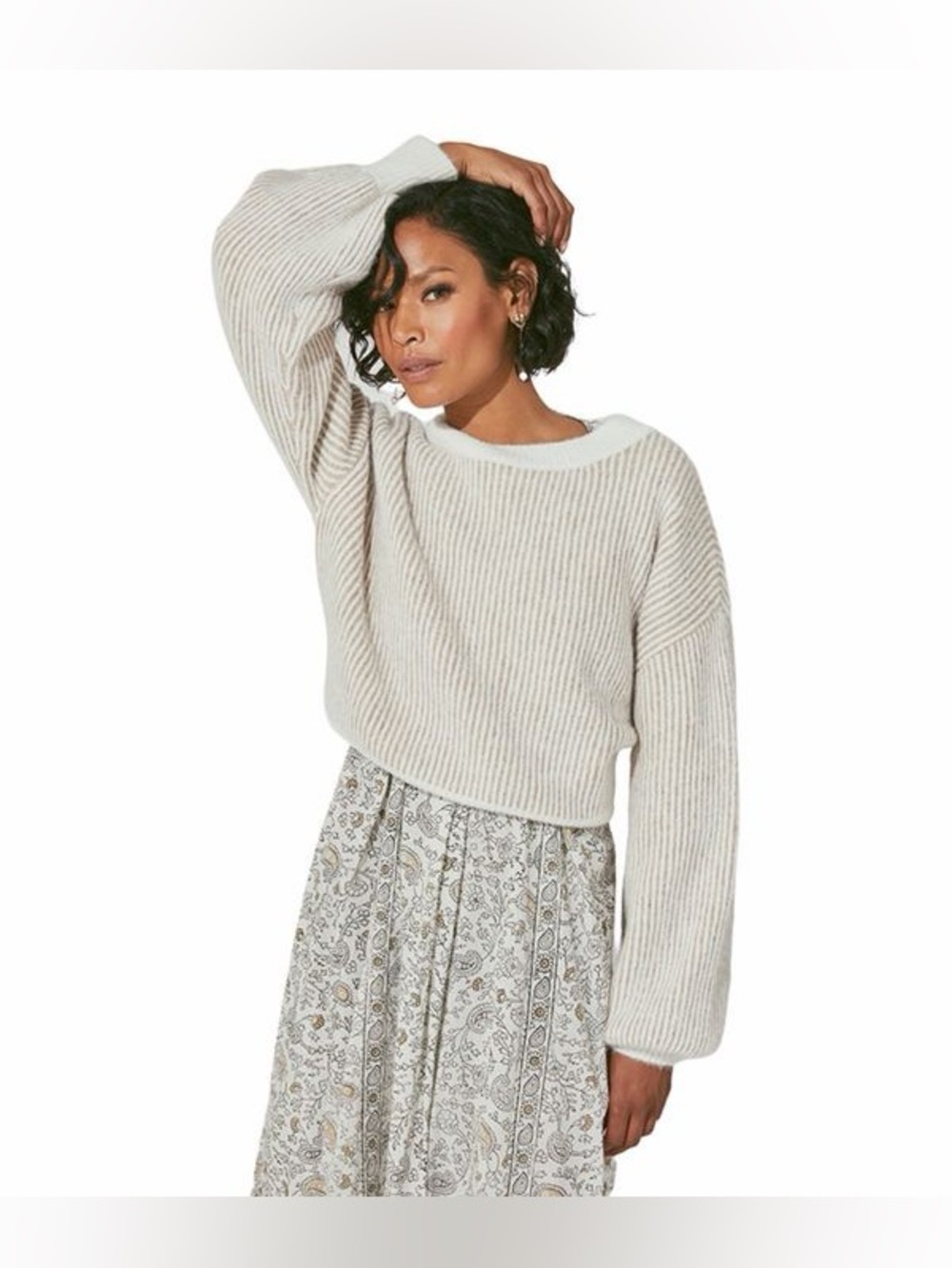 Cleobella Natalia Ribbed Sweater in Tan/White, Size Small